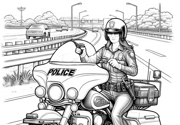 バイクに乗った女性警官 - 詳細な塗り絵の無料ダウンロード