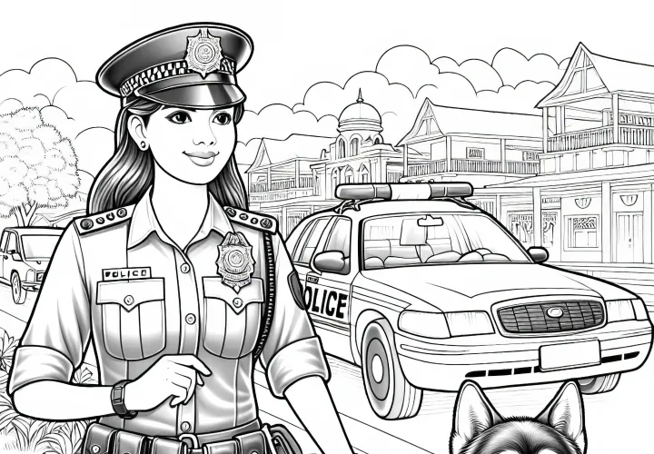 警察官と警察犬のパトロール - 詳細に描かれた塗り絵
