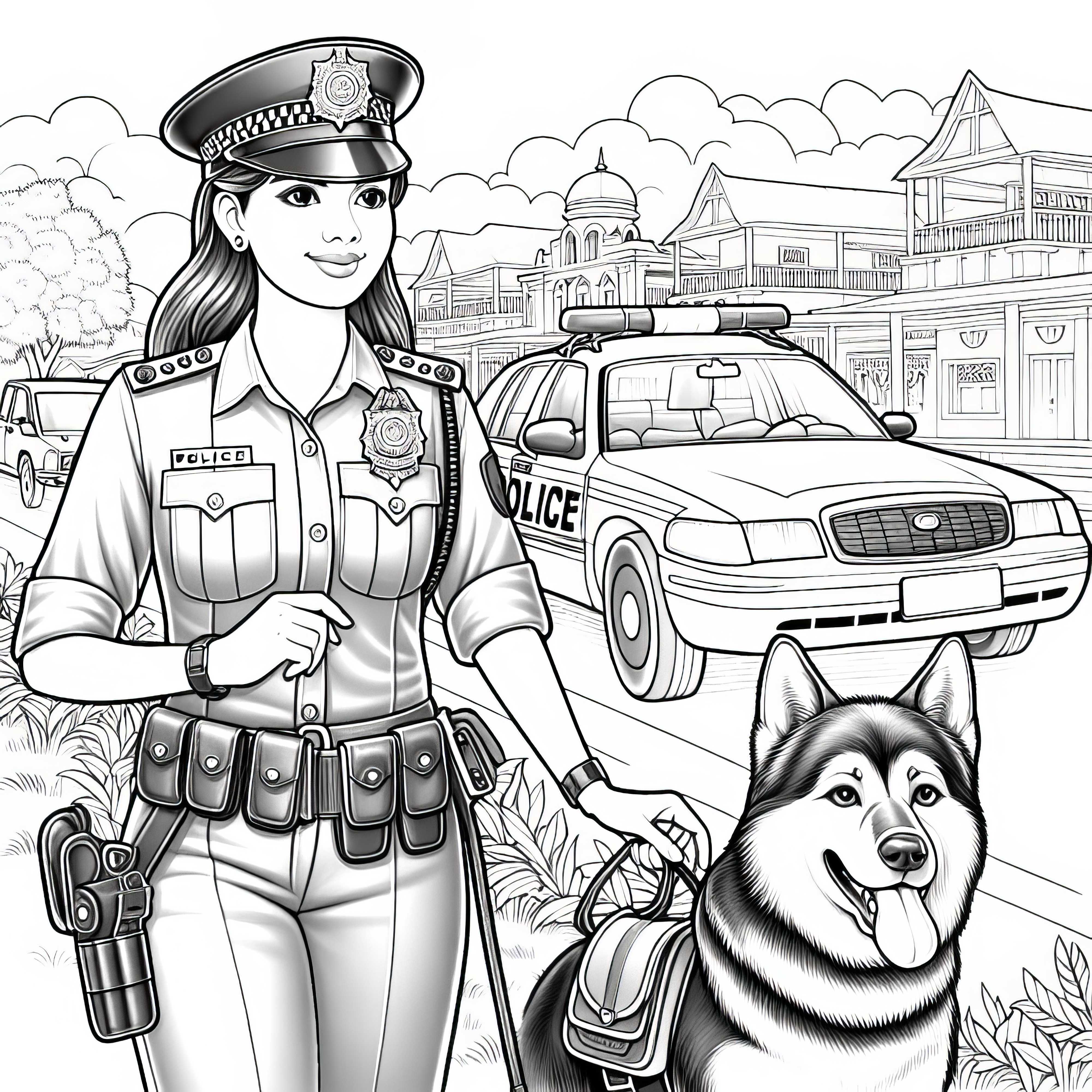 Polizistin mit Polizeihund auf Patrouille – Malvorlage in detailreicher Ausführung