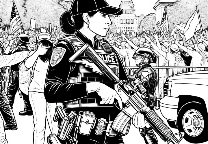 デモでの女性警官の詳細な塗り絵テンプレートを無料でダウンロード