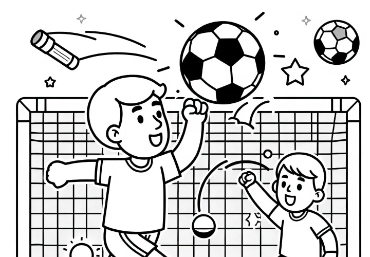 Ausmalbild eines Fußballspielers am Fußballtor – Einfach und Gratis