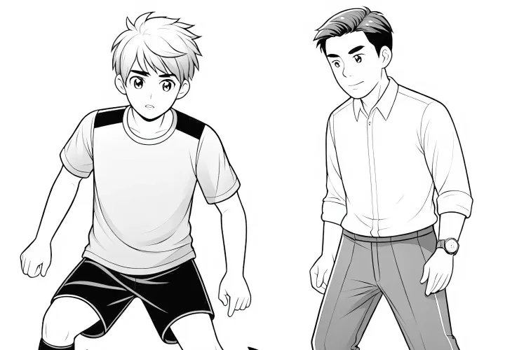 Fußballspieler im Training mit Trainer Malvorlage Kostenlos