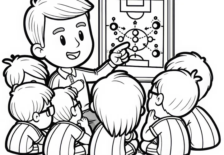 Fußballspieler, der mit Team-Taktik bespricht – Ausmalbild einfach kostenlos