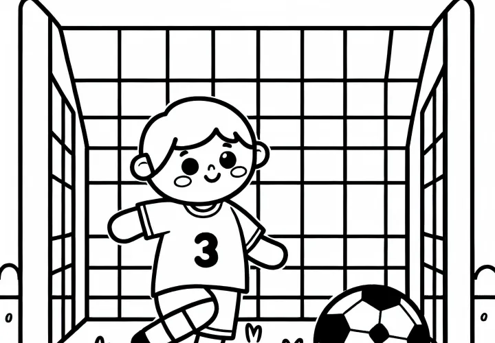 Tor mit Netz und Fußballspieler – Ausmalbild einfach kostenlos