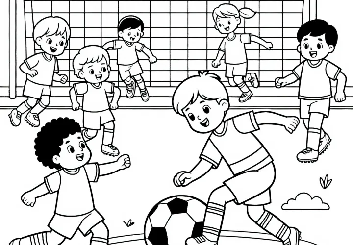 Fußballplatz mit Fußballspielern – Malvorlage einfach gratis