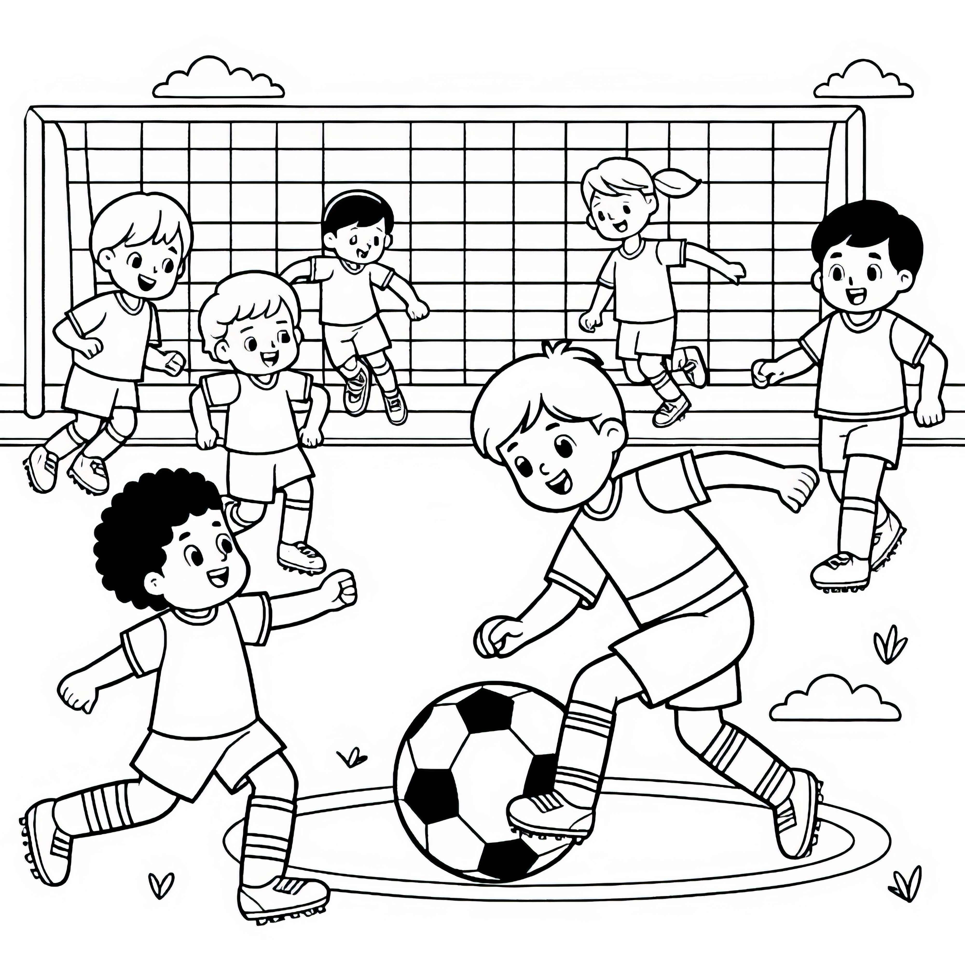 Fußballplatz mit Fußballspielern – Malvorlage einfach gratis