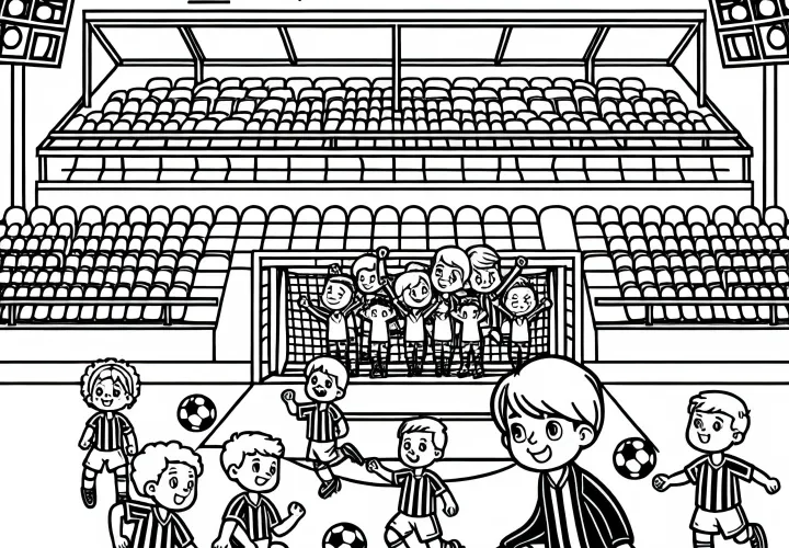 Überschrift: Malvorlage einer Fußballstadion-Szene mit Fußballspielern