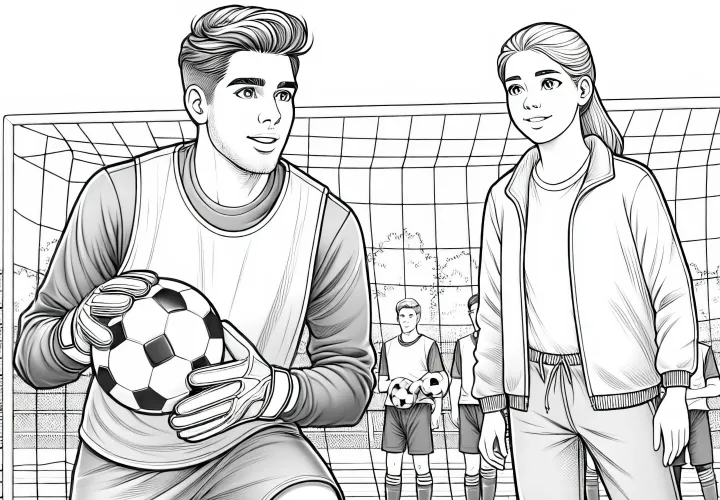 Ausmalbild eines Fußballspielers im Training mit Trainerin – Detailreich und Gratis