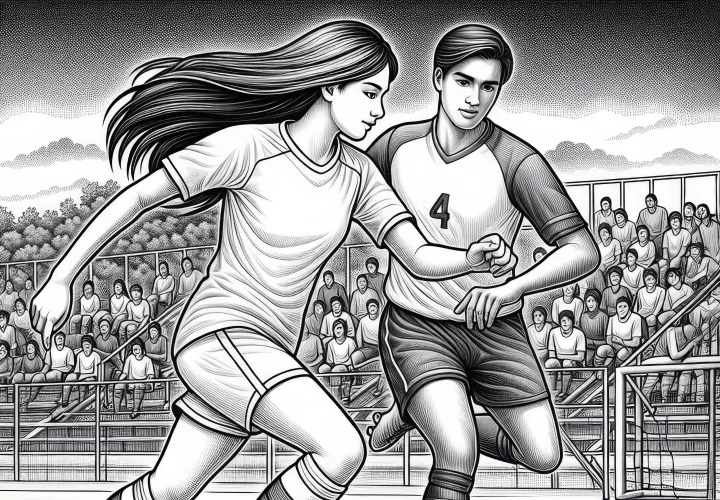 Eine Fußballspielerin, die die Gegner umdribbelt – Malvorlage