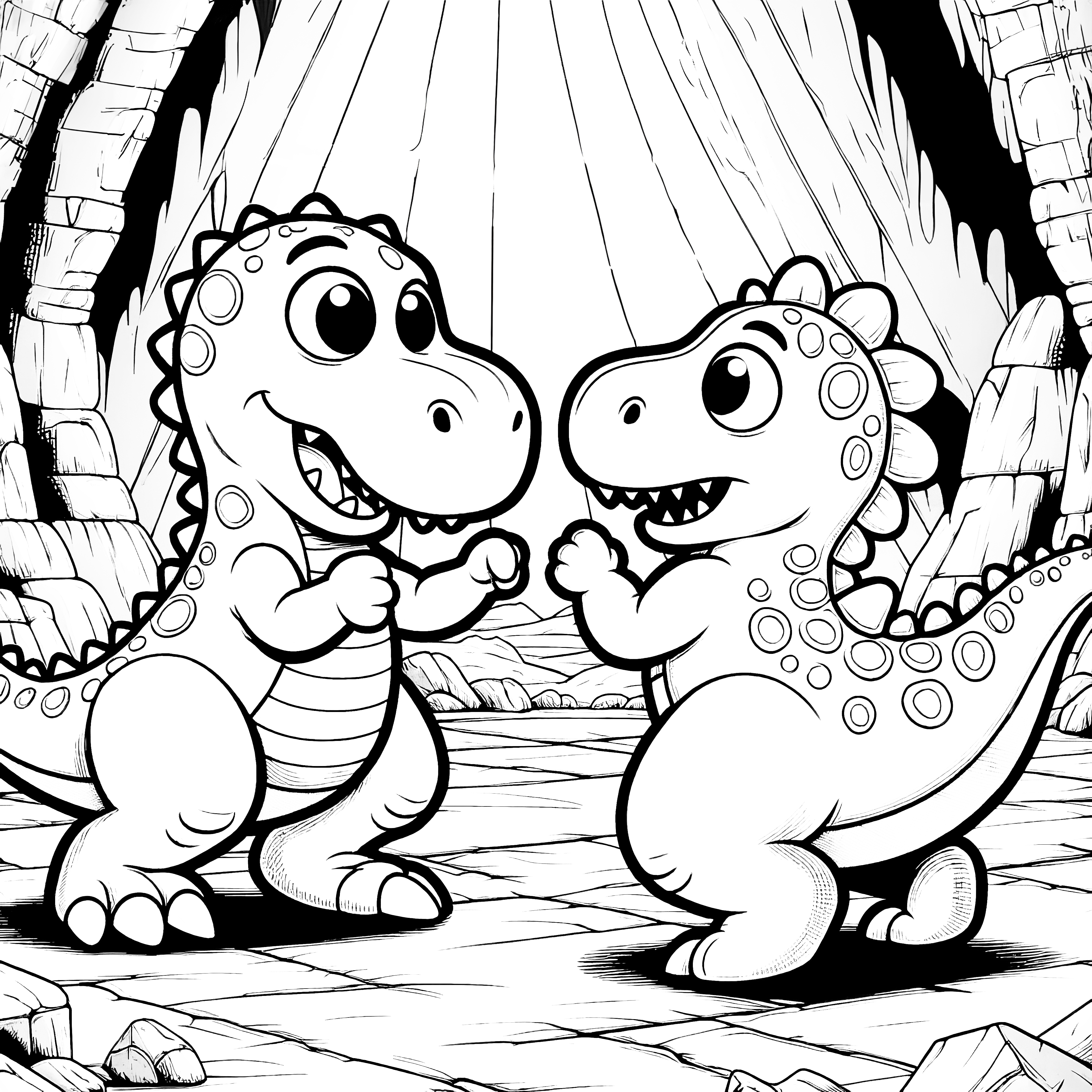 Zwei Kleine Dinos K mpfen In H hle Gratis Ausmalbild