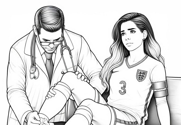 Futbolcu kadın, bir sakatlanmayı tedavi ediyor – Ayrıntılı ve ücretsiz boyama sayfası Yaralanmasını tedavi eden kadın futbolcu - Ayrıntılı ve ücretsiz boyama sayfası