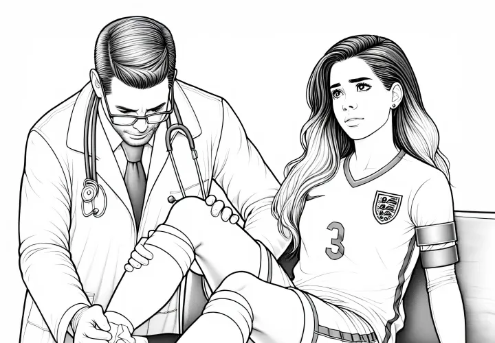 Fußballspielerin, die eine Verletzung behandelt – Ausmalbild detailreich und kostenlos