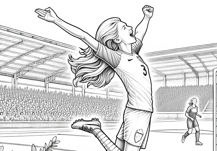 Fußballspielerin jubelt und feiert ein Tor – Ausmalbild zum Download