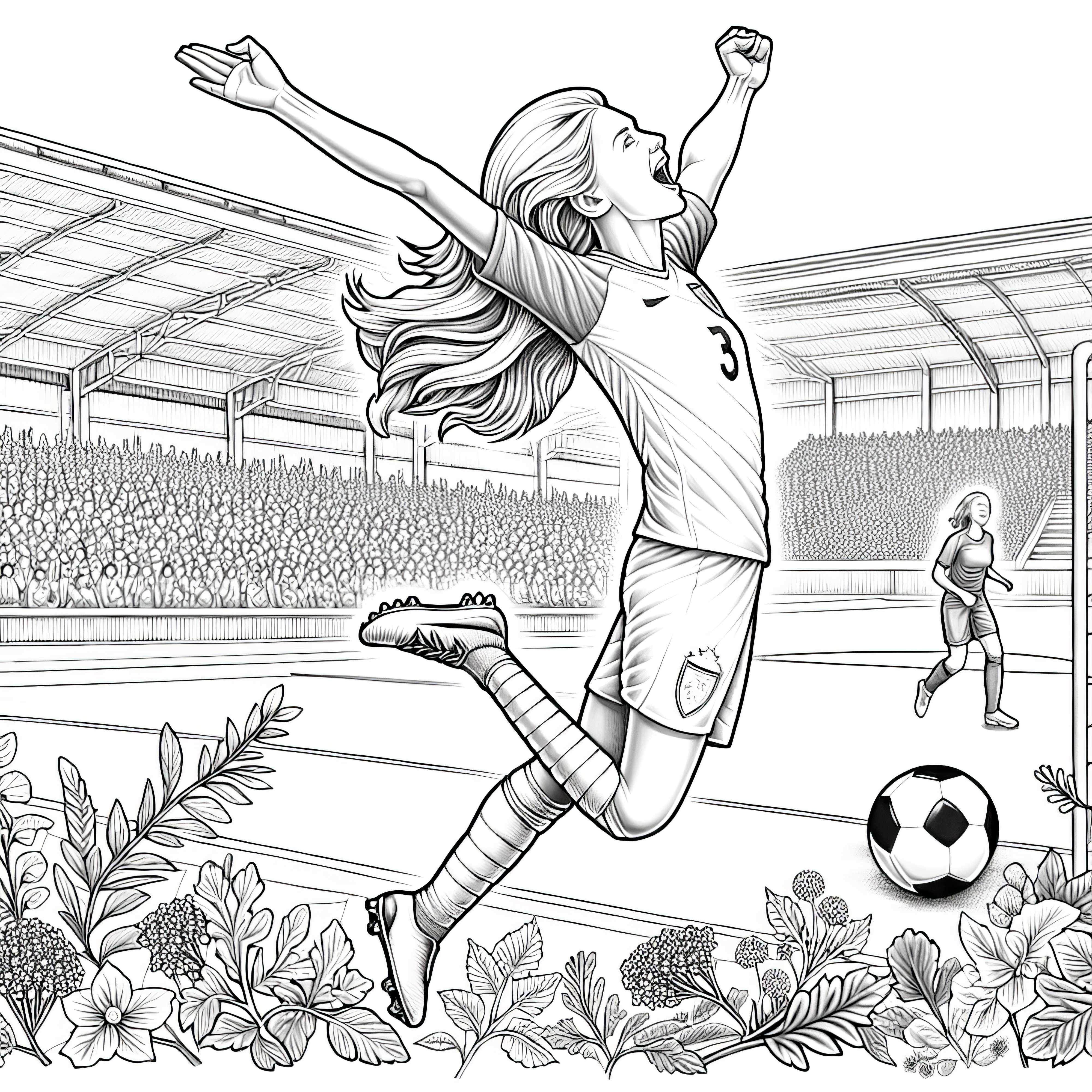 Fußballspielerin jubelt und feiert ein Tor – Ausmalbild zum Download
