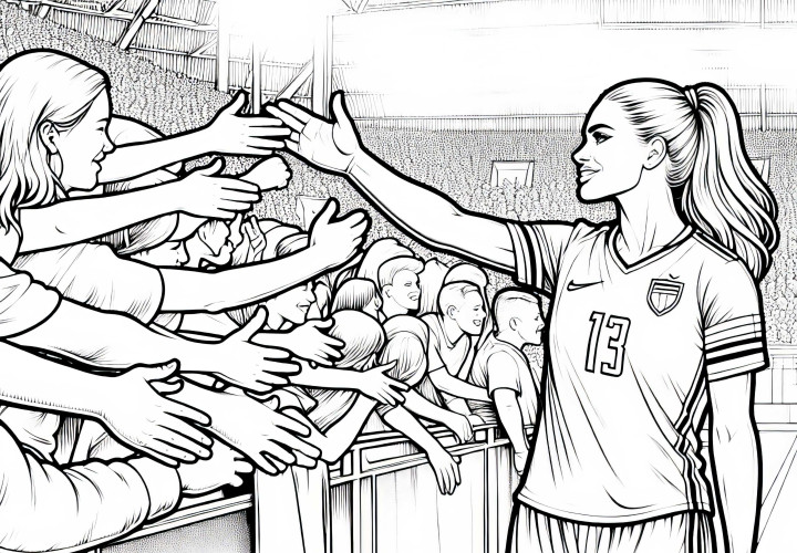 Maç sonrası taraftarlarla el sıkışan futbolcu kadın – Ücretsiz boyama sayfası Maç sonrası taraftarlarla el sıkışan kadın futbolcu - Ücretsiz boyama sayfası