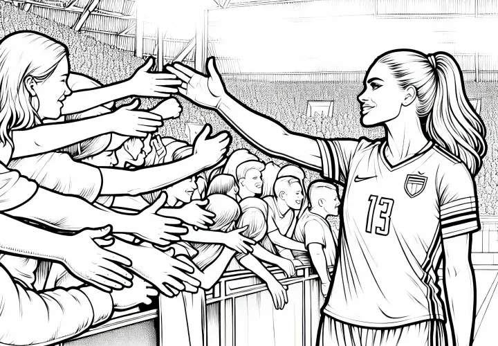 Fußballspielerin, die nach dem Spiel Fans die Hände schüttelt – Ausmalbild kostenlos