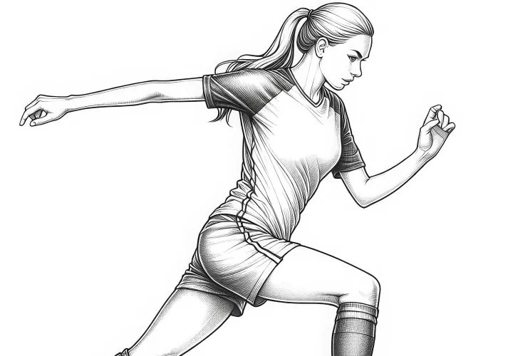 Fußballspielerin beim Aufwärmen vor dem Spiel – Malvorlage detailreich kostenlos