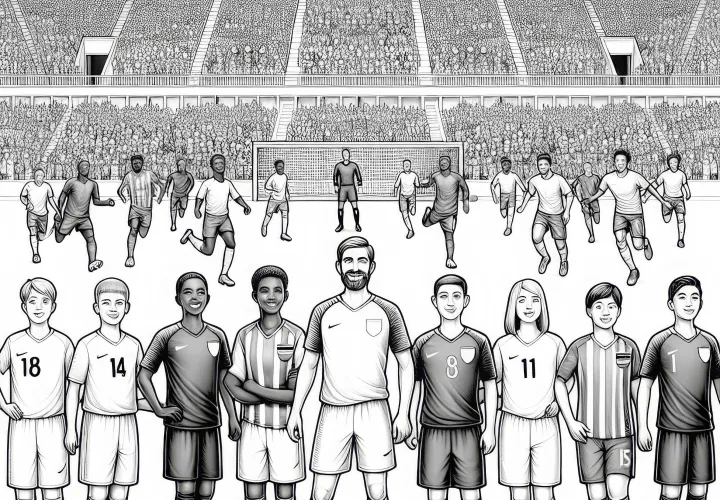 Fußballstadion mit Fußballspielern – Malvorlage in Detailreich und Gratis