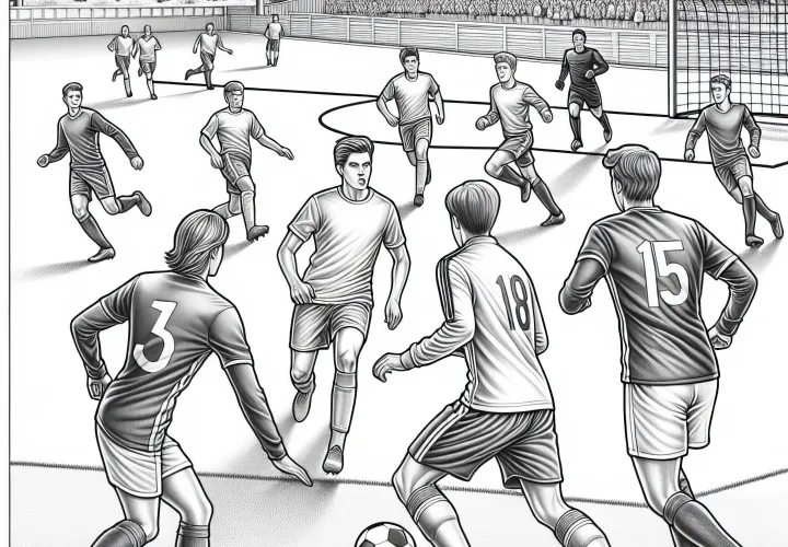 Fußballplatz mit Fußballspielern - Malvorlage, detailreich und gratis