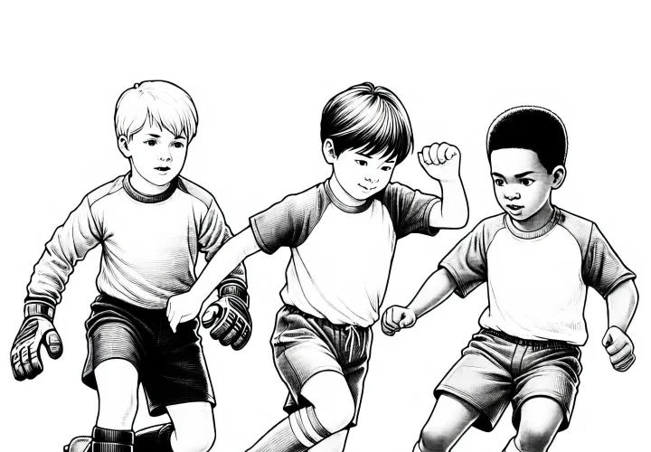 Kinder beim Fußballspiel – Malvorlage in detailreicher Ausführung