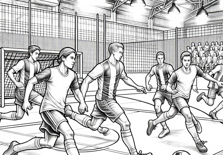 Fußballspiel in der Halle – Ausmalbild kostenlos und detailreich Fußballspiel in der Halle – Ausmalbild kostenlos und detailreich