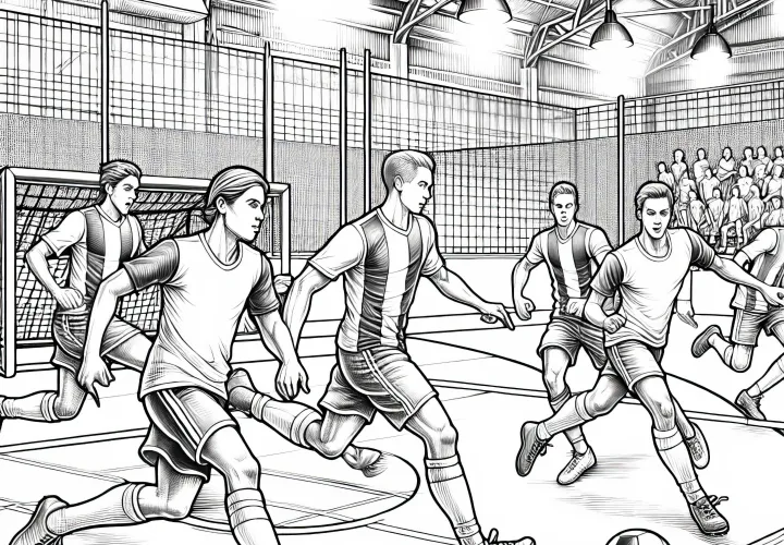 Fußballspiel in der Halle – Ausmalbild kostenlos und detailreich