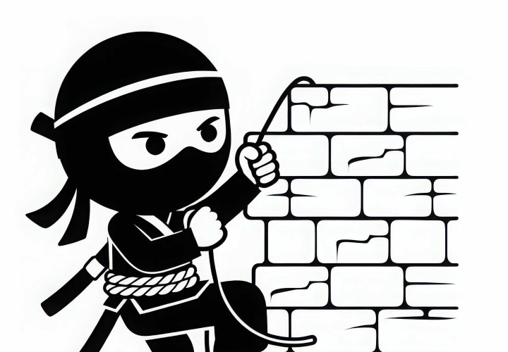Ninja klettert Wand hoch mit Seil – Ausmalbild einfach gratis