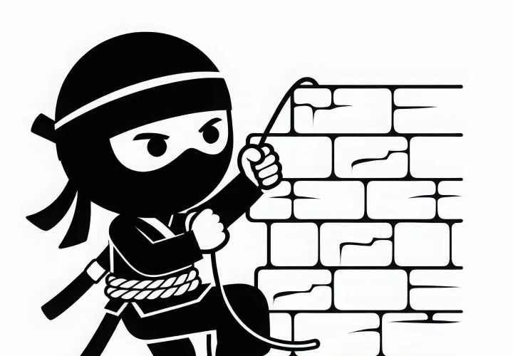 Ninja klettert Wand hoch mit Seil – Ausmalbild einfach gratis