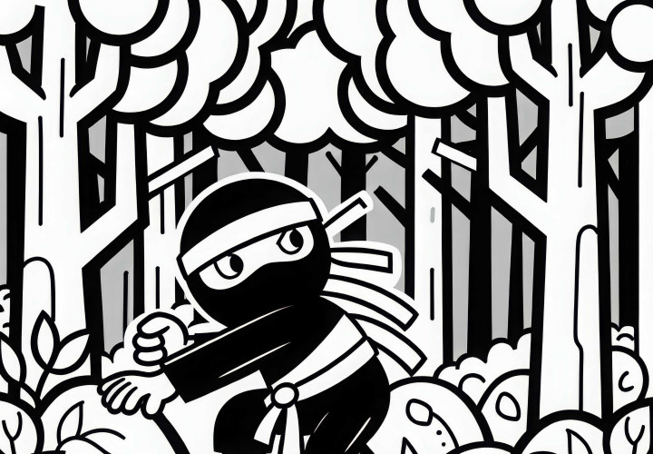 Ninja se esgueira pela floresta escura – Desenho para colorir simples e gratuito Ninja se esgueira pela floresta escura – Desenho para colorir fácil e gratuito