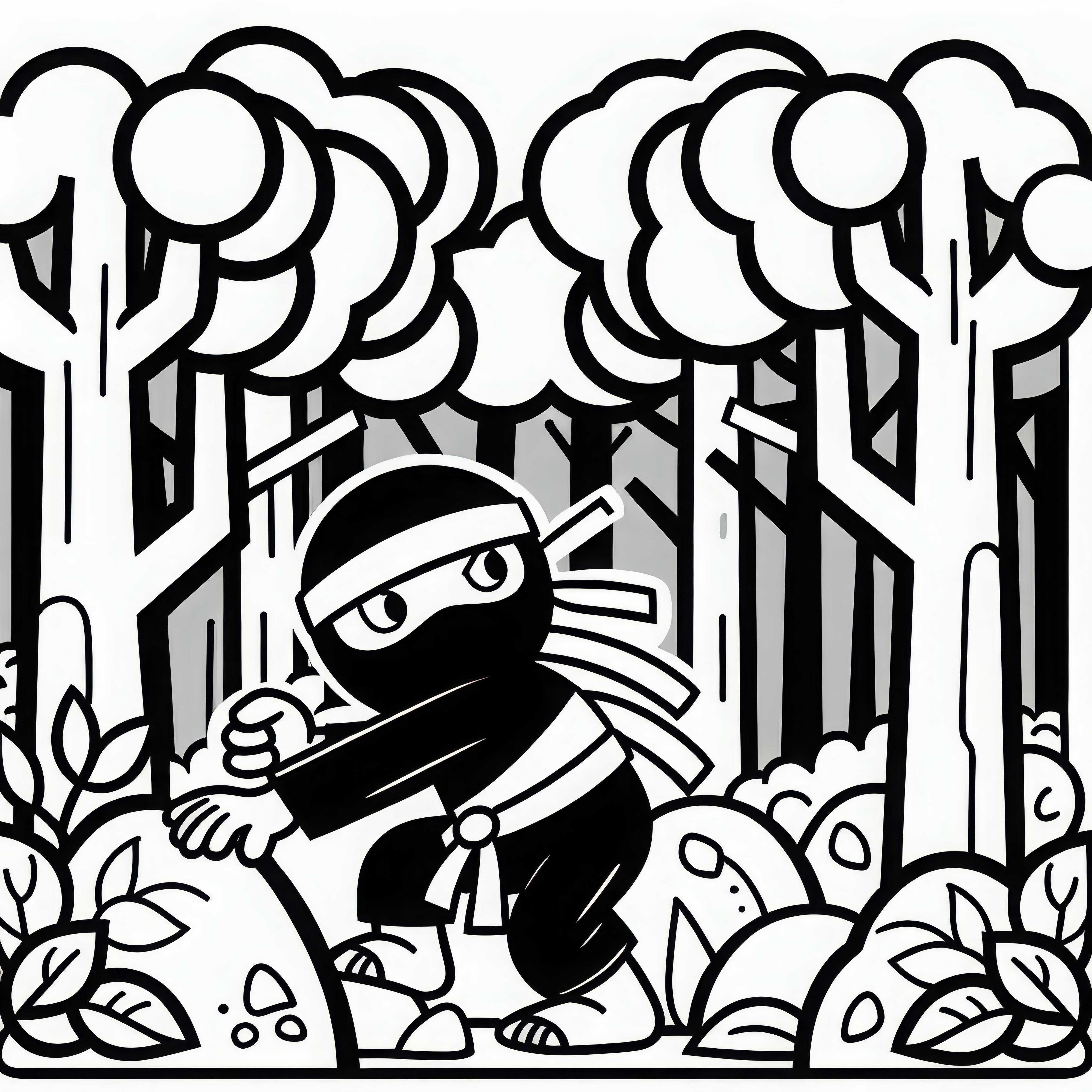 Ninja espreita por uma floresta escura - Desenho para colorir simples e gratuito Ninja se esconde na floresta escura – Desenho para colorir simples e gratuito