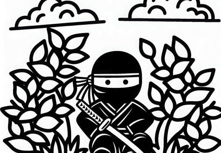 Ninja se disfarça na área de sombra - Desenho para colorir gratuito e fácil Ninja se disfarça na área das sombras – Desenho para colorir simples e gratuito