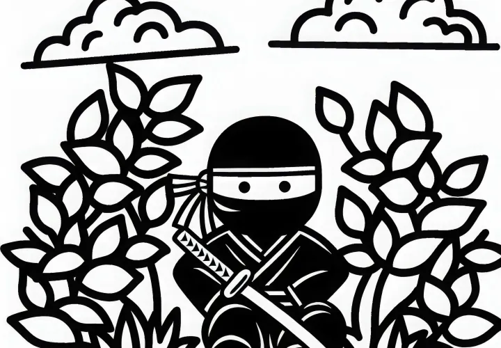 Ninja tarnt sich im Schattenbereich – Malvorlage einfach gratis