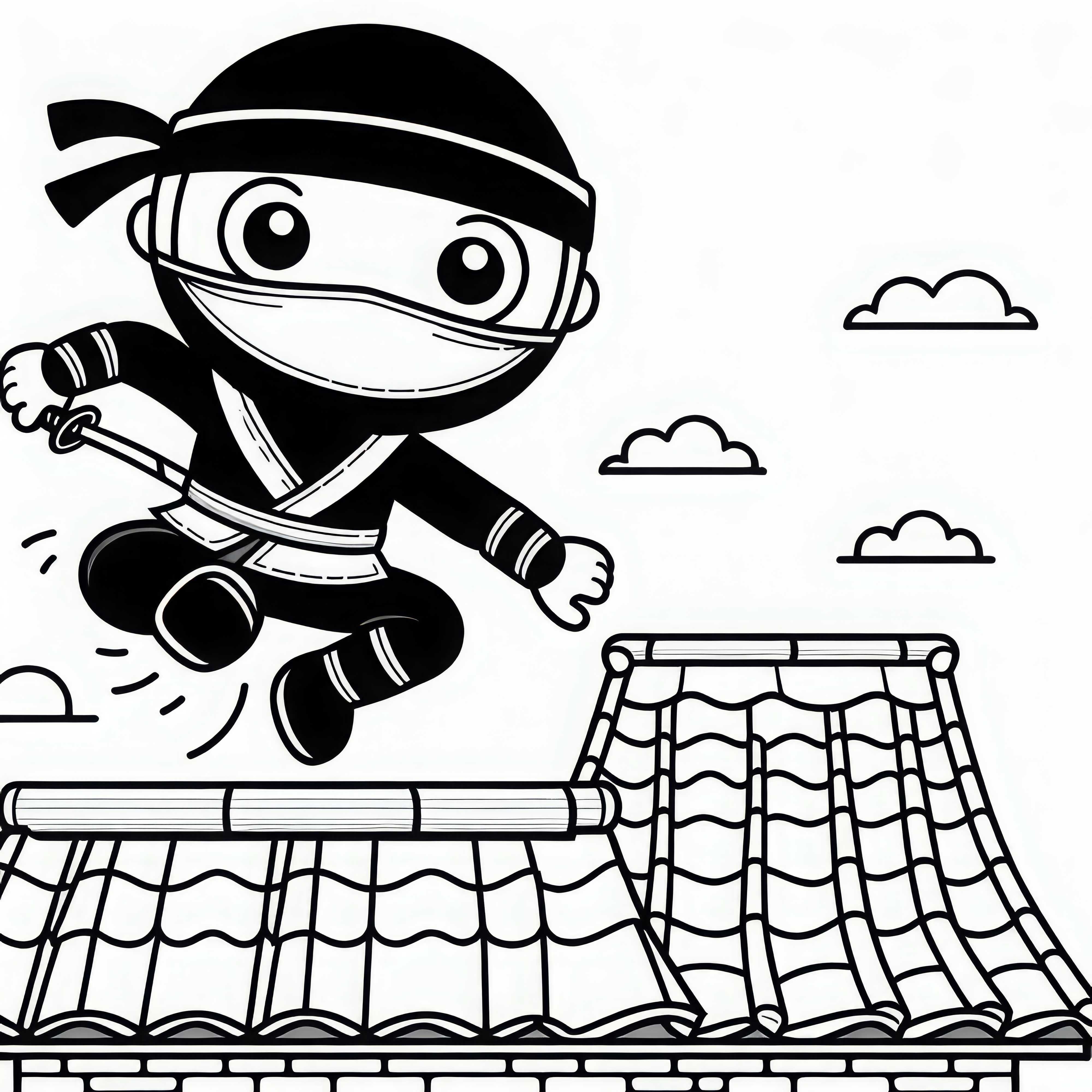 Ninja salta sobre o telhado - Desenho para colorir fácil e grátis Ninja salta sobre o telhado – Desenho para colorir simples grátis