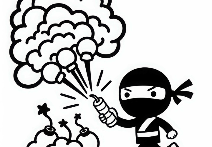 Ninja usa bombas de fumaça para escapar - Desenho para colorir fácil e grátis O ninja usa bombas de fumaça para escapar - Modelo de colorir simples e gratuito
