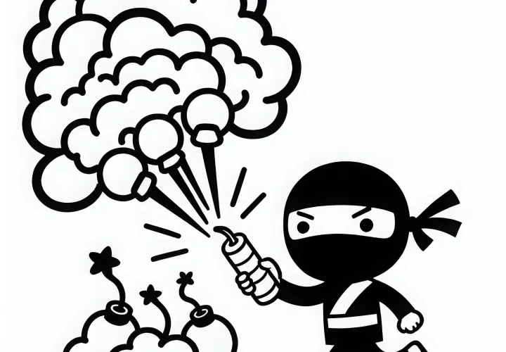 Ninja nutzt Rauchbomben, um zu entkommen – Malvorlage einfach gratis