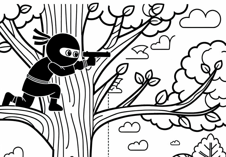 Ninja observa o inimigo de uma árvore - Desenho para colorir simples e gratuito Ninja observa o inimigo de uma árvore - Desenho para colorir simples e gratuito
