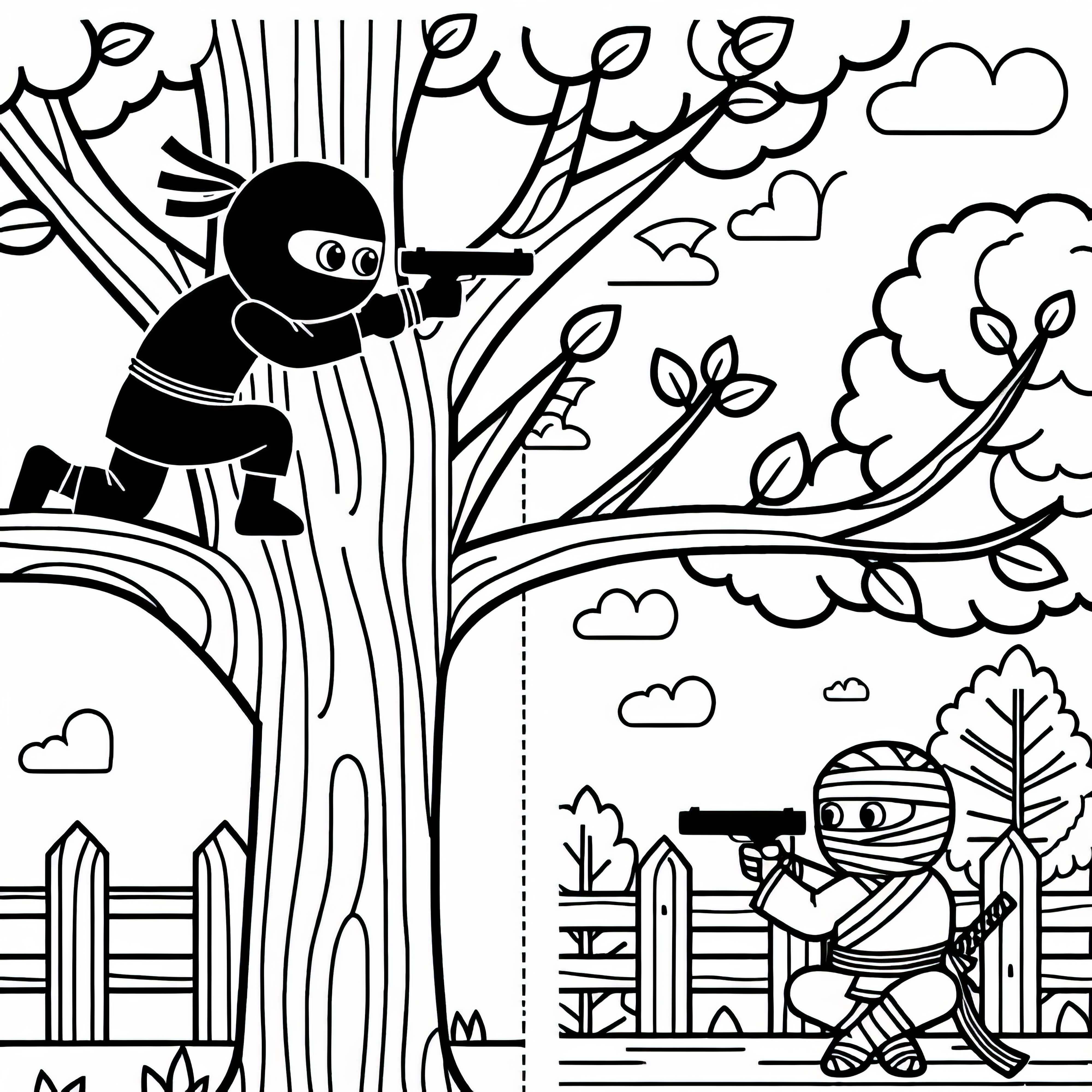 Ninja observa o inimigo de uma árvore - Desenho para colorir simples e grátis Ninja observa o inimigo de uma árvore - Desenho para colorir simples e grátis