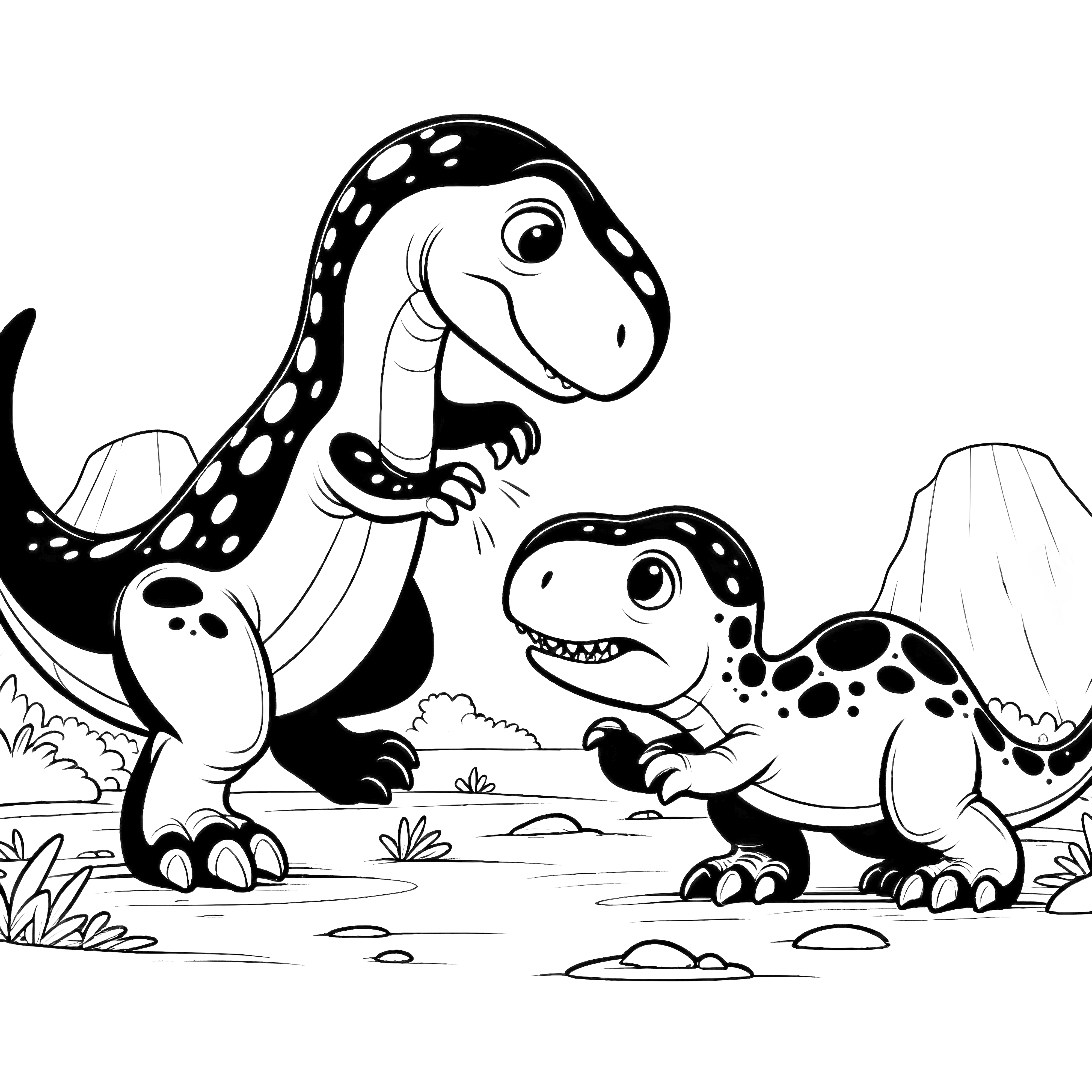 Two dinosaurs in playful power struggle in a natural environment