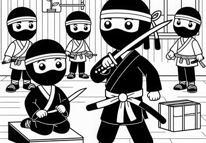 Ninja treina com outros em um dojo - Imagem para colorir grátis Ninja treina com outros em um dojo - Desenho para colorir grátis