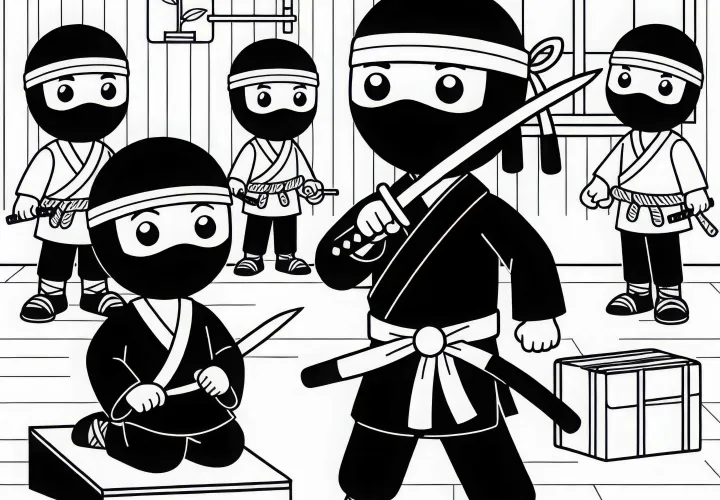 Ninja trainiert mit anderen in einem Dojo – Ausmalbild gratis