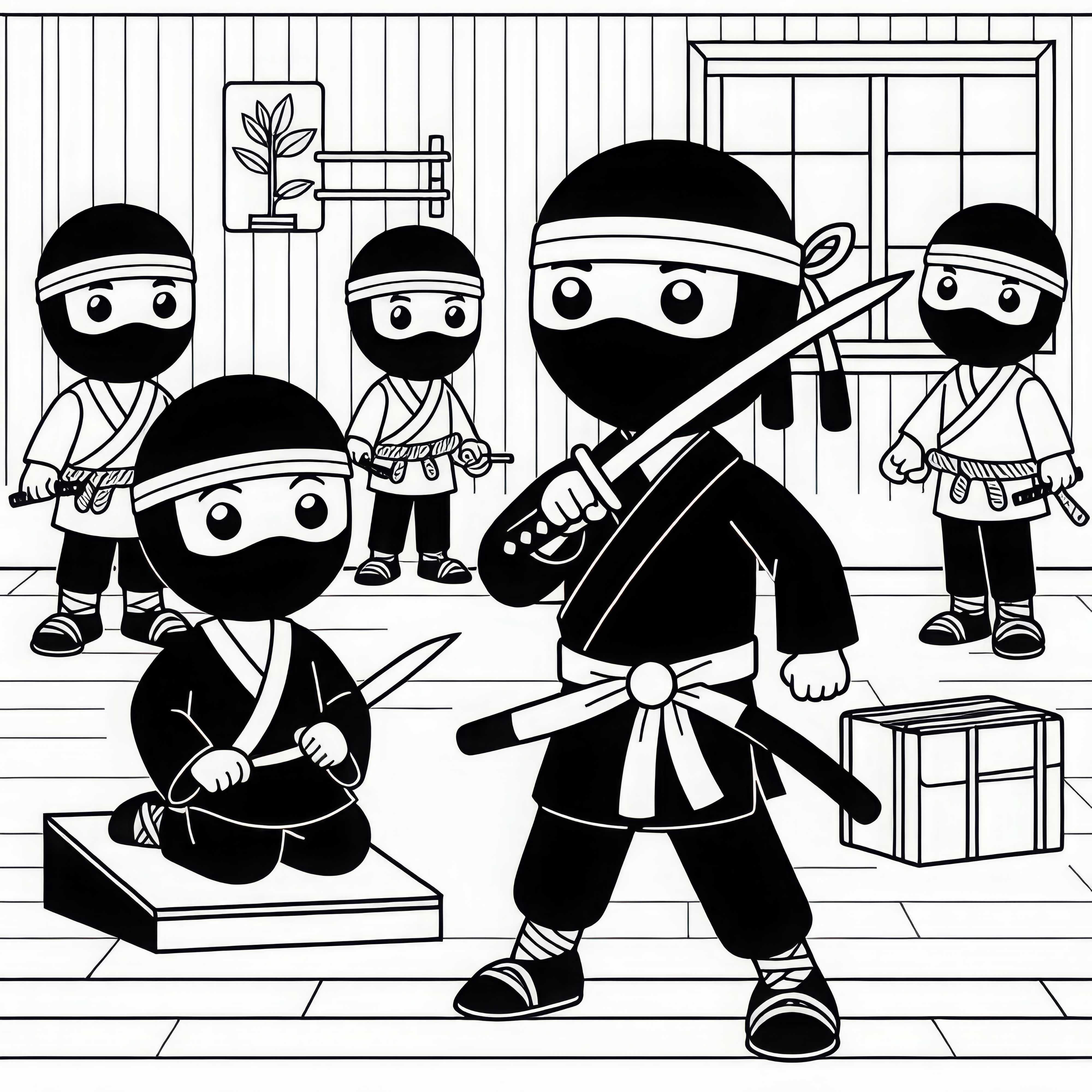 Ninja treina com outros em um dojo - Desenho para colorir grátis Ninja treina com outros em um dojo - Desenho para colorir grátis