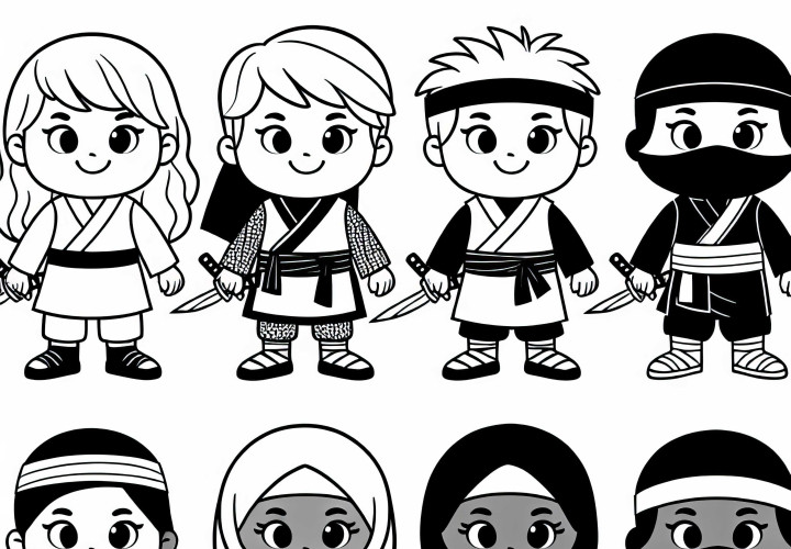 As crianças se fantasiam de ninja – Desenho para colorir simples e grátis Crianças se fantasiando de Ninja – Desenho para colorir simples e grátis