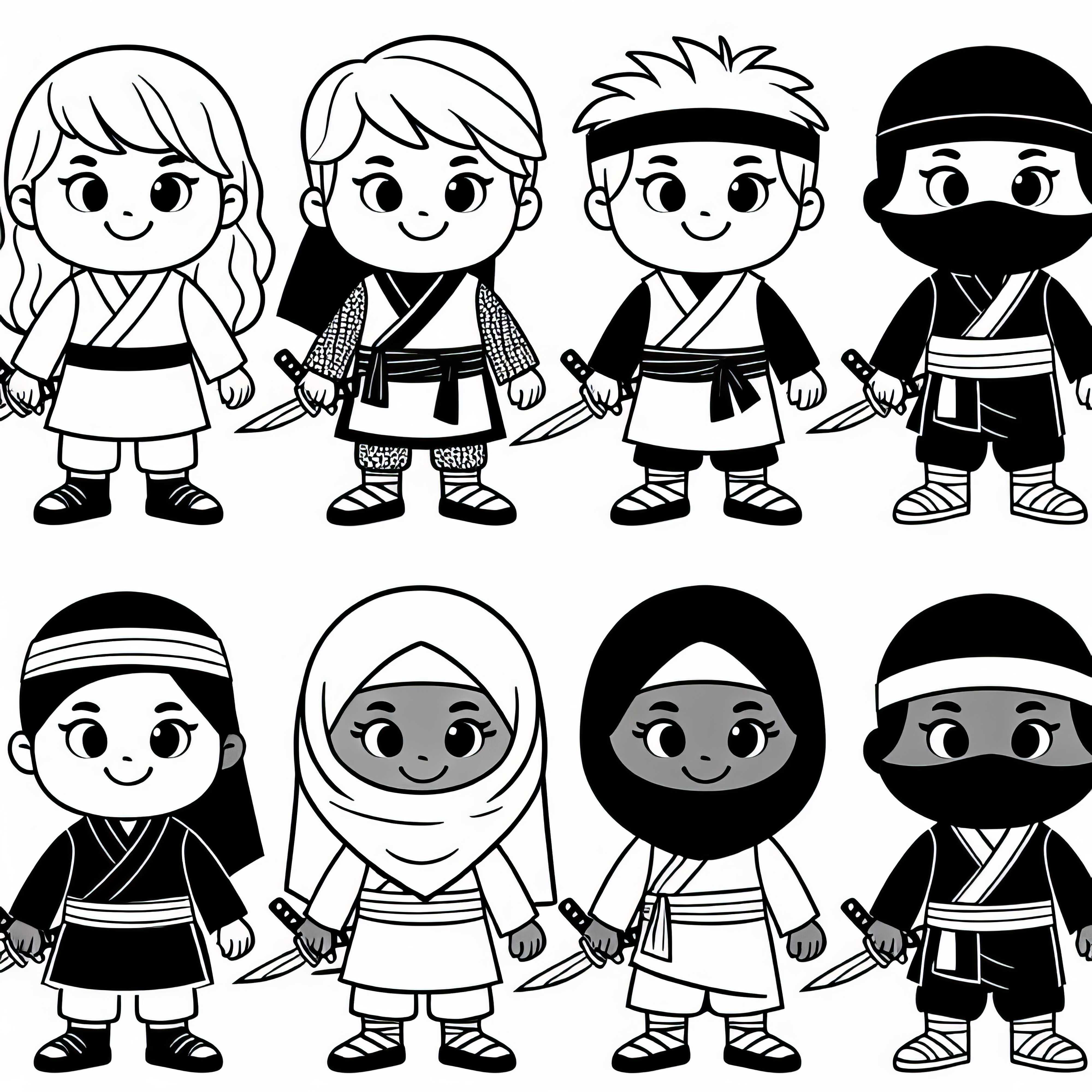 Crianças se fantasiam de Ninja – Desenho para colorir simples e grátis Crianças se fantasiando de ninja – Imagem para colorir simples e gratuita