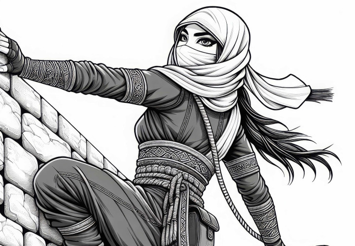 Um ninja escala uma parede - Imagem para colorir Um ninja sobe uma parede - Desenho para colorir