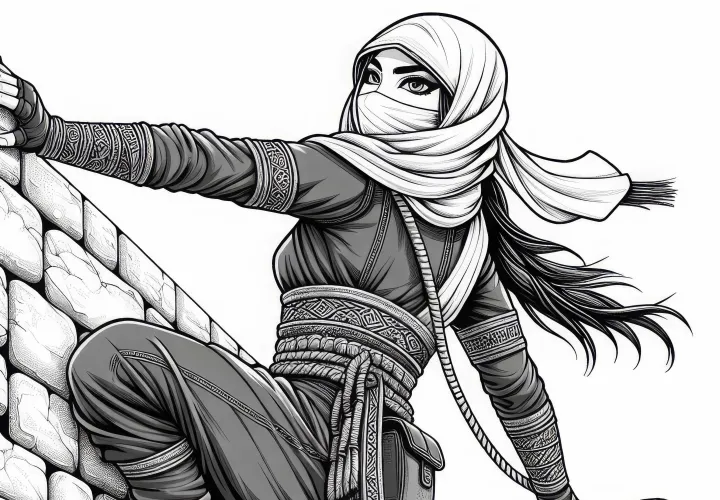Ein Ninja klettert eine Wand hoch – Ausmalbild