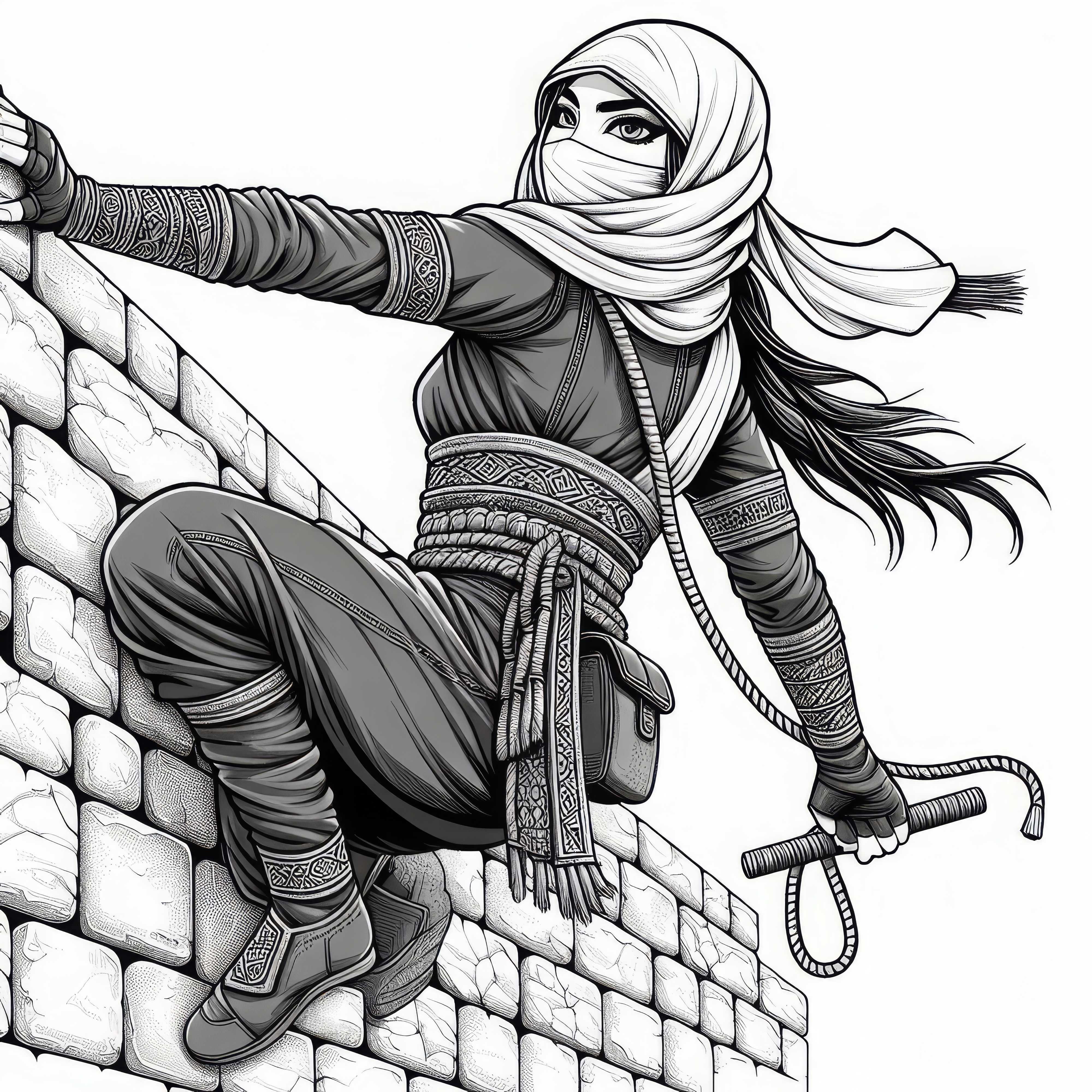 Um ninja escala uma parede - Imagem para colorir Um ninja sobe uma parede - Desenho para colorir