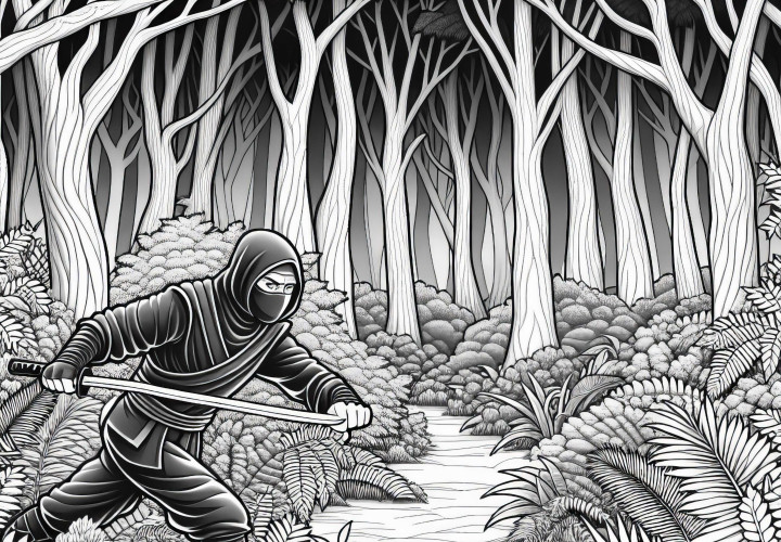 Ninja se esconde na floresta escura – Imagem para colorir rica em detalhes para download Ninja se esgueira pela floresta escura – Imagem para colorir detalhada para download