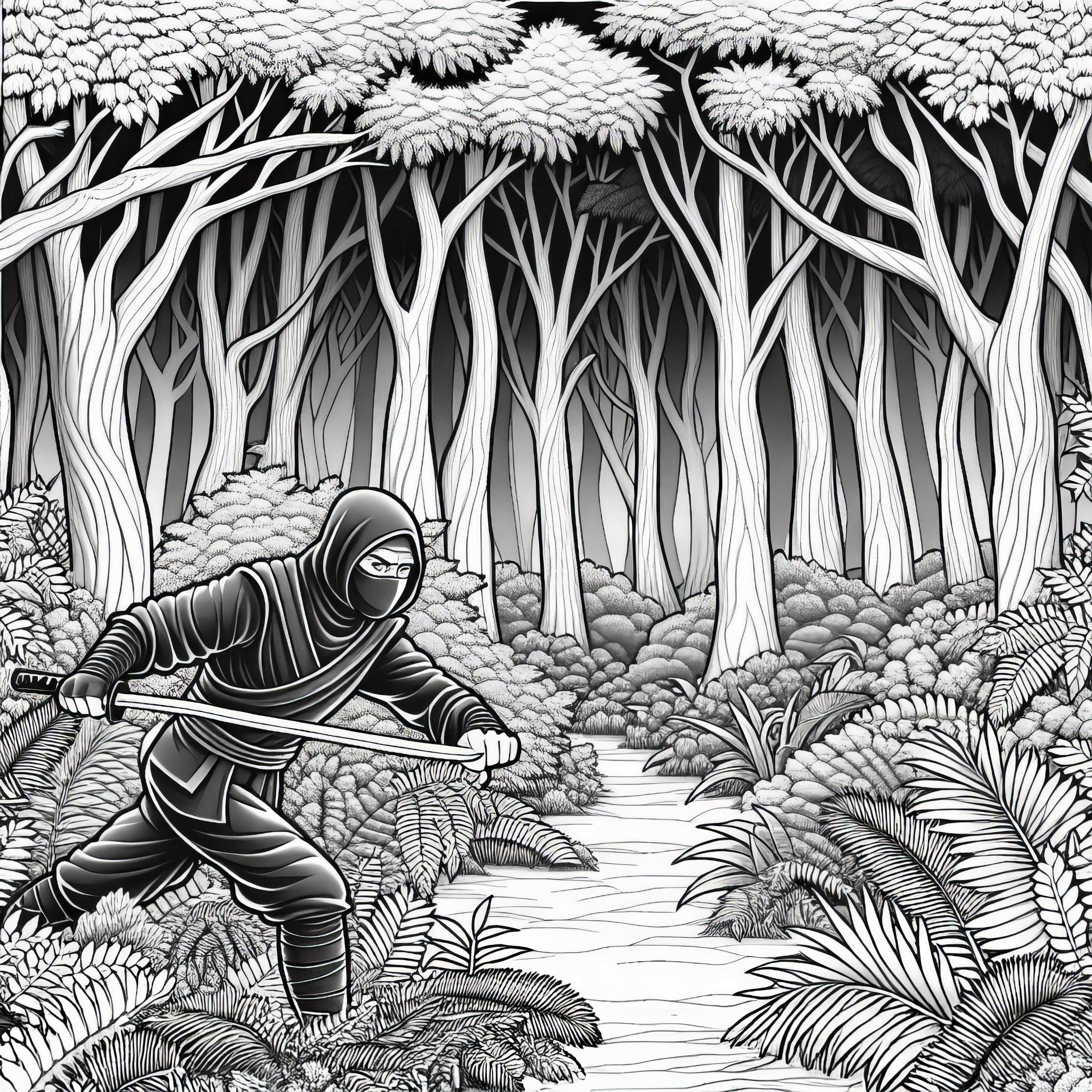 Ninja se esconde na floresta escura – Imagem para colorir detalhada para download Ninja espreita por uma floresta escura - Imagem para colorir detalhada para download