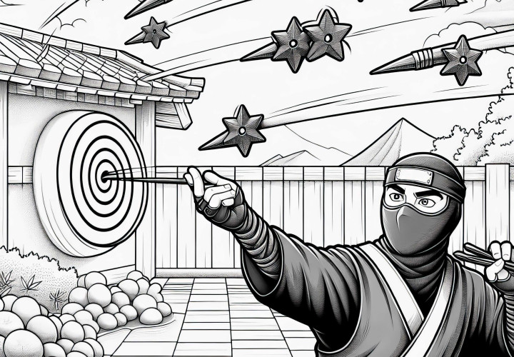 Ninja lança Shuriken: modelo de coloração de estrelas de arremesso em execução rica em detalhes – gratuito Ninja joga Shuriken: template para colorir estrelas de arremesso em execução detalhada - gratuito
