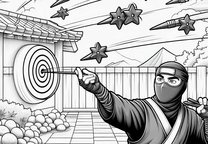 Ninja wirft Shuriken: Wurfsterne Malvorlage in detailreicher Ausführung – kostenlos